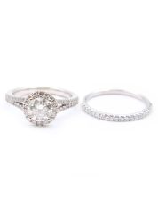 1.00ct GIA SI2 J center Diamond Birks Halo setting 18K wg 2 ring set Size-6.5