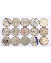 Lot of 15 Kwangtung Republic era 1912-1929 20 cent silver coins XF-AU condition