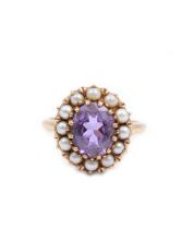 Alexandrite-like synthetic Spinel w/seed pearls 10k  yellow gold ring 