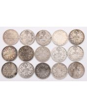 15X 1903 Small H Canada 5 cents silver coins 15-coins VG or better