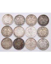 12X 1906 Canada 5 cents silver coins 12-coins GOOD to FINE