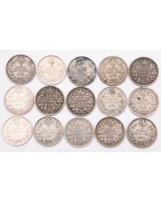 15X 1907 Canada 5 cents silver coins 15-coins GOOD to FINE