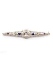 14K white gold Bar Pin Diamonds Sapphires  64x12mm  4.5 grams