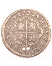 1722 Spain 2 Reales silver coin 4.98 grams VF details damaged 2 small holes