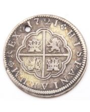 1721 Spain 2 Reales silver coin 5.51 grams VF details damaged hole