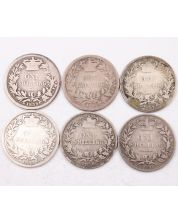 6X Great Britain silver Shillings 1839 1846 1867D18 1873D59 1879 1881 circulated