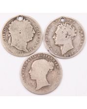 3X Great Britain 6 pence silver coins 1816 1826 and 1866DN31 3-coins damaged