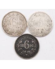 1894 1895 1896 South Africa 6 pence silver coins 3-circulated coins