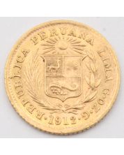 1912 Peru 1/5 libra gold coin Choice Uncirculated