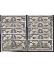 10x 1937 Canada $20 banknotes 10-notes F/VF or better