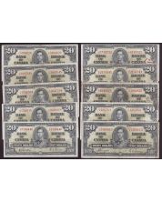 10x 1937 Canada $20 banknotes 10-notes circulated damaged