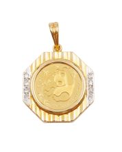 1985 China 1/20 Gold Panda .999 Pure 5 Yuan Gold Coin with 18K Diamond Bezel