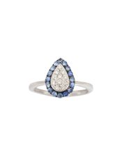 18K White Gold Pear Shaped Diamond & Blue Tanzanite Halo Ring Size 4.5