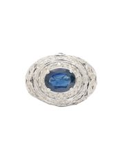 14K White Gold Ring with 1.65 ct Blue Sapphire & Diamond Halo Setting Size 6.5