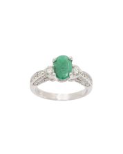 18K White Gold Ring 1.00 ct Oval Emerald with 0.52ct Diamonds Size 6.5 