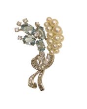 Ribbon Blossom Platinum Pearl Diamond Aquamarine Brooch