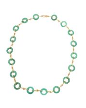 18kt Yellow Gold Necklace with 18 dyed green agate discs