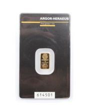 1 gram Argor Heraeus 999.9 Fine Gold Minted Bar in Certified Assay Card