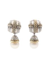 Judith Ripka Sterling Silver 18 Karat Yellow Gold Diamond and Pearl Earrings