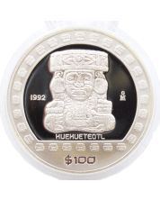 1992 Mexico HUEHUETEOTL 100 pesos 1 oz  proof silver coin