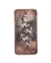 1974 PMP Christmas Silver Art Bar 1 oz 480 grains Fine Silver Art Bar