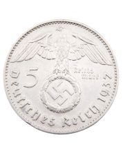 1937 J Germany 5 mark 3rd Reich silver coin EF