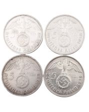 4x 1938 A Germany 5 mark 3rd Reich silver coins EF