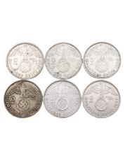 6x 1937 Germany 2 mark 3rd Reich silver coins 6-coins