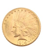 1914d $10 Eagle indian Gold coin Choice AU