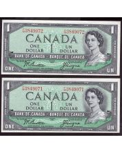 2x 1954 Canada $1 banknotes consecutive BC-37a-i F/M3849071-72 Choice UNC