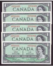 5x Canada 1954 $1 consecutive notes BC37b-i F/P5721021-25 GEM UNC EPQ