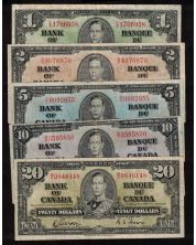 1937 Canada $1 $2 $5 $10 $20 banknote set all Gordon Towers FINE