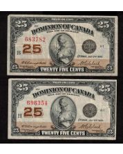 2x 1923 Canada 25 Cent banknotes Campbell Clark 683782 696354 both FINE+