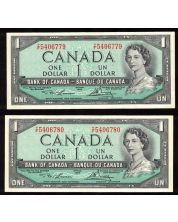 2x 1954 Canada $1 consecutive notes Lawson Bouey Y/F5406779-80 CH UNC+