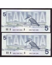 2x 1986 Canada $5 consecutive notes Knight Dodge ANS7281280-81 Choice UNC