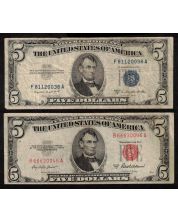 1953 B $5 USA silver certificate and 1953 A $5 United States Red Seal note