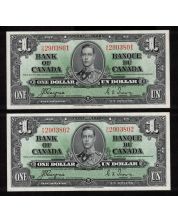 2x 1937 Canada $1 consecutive notes Coyne Towers H/N2903801-02 CH AU/UNC