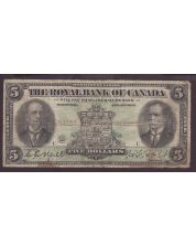 1913 Royal Bank of Canada $5 banknote SN3692755-FADED VG details damaged