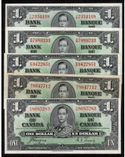 5x 1937 $1 banknotes mixed signatures and Prefix all EF