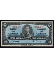 1937 Canada $5 banknote Gordon Towers M/C 4172720 Choice AU+