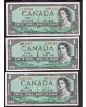 3x 1954 Canada $1 consecutive notes Beattie Rasminsky V/N0882454-56 CH UNC