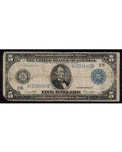 1914 $5 Federal Reserve note New York white melon 2-B F-851B VG missing corner