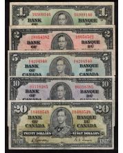 1937 Canada $1 $2 $5 $10 $20 banknote set all Gordon Towers FINE