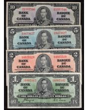 1937 Canada $1 $2 $5 $10 banknote set all mixed signatures all nice VF