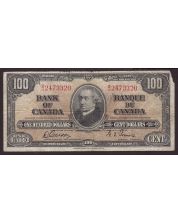 1937 Canada $100 banknote Gordon B/J2473320 F margin tears missing corner