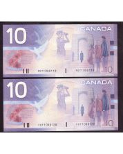 2x 2000 Canada $10 consecutive notes Knight Theissen FDT1088119-20 CH UNC