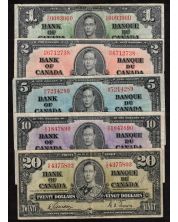 1937 Canada $1 $2 $5 $10 $20 banknote set all Gordon Towers FINE