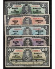 1937 Canada $1 $2 $5 $10 $20 banknote set all mixed signatures all FINE