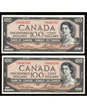 2x 1954 Canada $100 consecutive notes Lawson Bouey C/J0846596-97 CH UNC