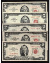 5 x $2 USA RED SEAL United States notes 2 x series 1953 A F and 3 x 1963 VF